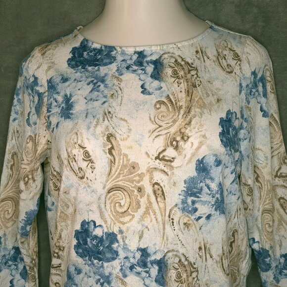 Chicos Womens Blouse Small (1) 3/4 Sleeve Floral Tie Hem Top Pull Over - Picture 1 of 6